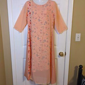 Janasya Floral Peach Sheer Crepe Overlay 3/4 Sleeves Maxi Dress - S/M NWT